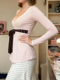 KYLETHOMASW  -  French Sweet Lace Patchwork Polka Dot Bow Slim V Neck Long Sleeve Solid T-Shirts