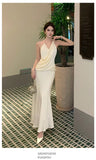 KYLETHOMASW  -  French Fashionable Elegant Satin Evening Gown Women's Backless V-neck Halter Camisole Long Dress Sexy Chic Banquet Gown