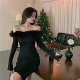 KYLETHOMASW  -  Knitted Dresses Women Off Shoulder Furry Patchwork Slim Stretch Long Sleeve Cocktail Evening Dress Party Clubwear