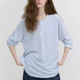 KYLETHOMASW  -  Nordic Lazy Women Cool Thin Stripe Ice Cotton Henley Neck Loose Long Sleeve Casual Blouse