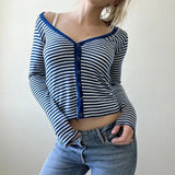 KYLETHOMASW  -  European and American women's basic contrasting striped V-neck slimming button up cardigan simple and versatile commuting  top