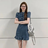 KYLETHOMASW  -  Denim Dress for Women Stand Collar Bow Bubble Short Sleeve Dresses Blue A-line Korean Fashion Retro Mini Skirts Female Clothes