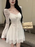 KYLETHOMASW  -  Woman Dress Sweet Sexy Flowers Long Sleeve Elegant Slim Mesh Patchwork Ruched Ruffles Party Mini Dresses Ladies