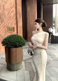 KYLETHOMASW  -  French Women Beige Patchwork Lace Elegant Sexy Backless Slanted Shoulder Long Dresses Summer Vacation Party Fishtail Dress Trend