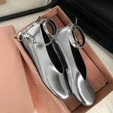 KIylethomasw 2024 Sandals Mary Jane Flats Dupe Luxury Silver Black Gold Big Size Ankle Strap Round Toe Ballerinas Women's Shoes