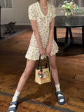 KYLETHOMASW  -  Petite Polo Neck Floral Dress French Sweetheart Smocked Waist Mini Summer 2025 Slim Fit Short Sleeve