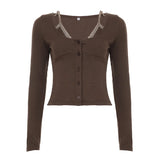 KYLETHOMASW  -  y2k sexy lace patchwork fake two piece o neck long sleeve single breasted knitted slim tops