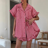 KYLETHOMASW  -  Office Single-Breasted Shirts Elegant Plaid High Waist Shorts With Button Up Shirts 2 Piece Set Street Chic Outfits Summer
