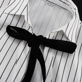 KYLETHOMASW  -  Niche Design Lace-up Printed Striped Shirt for Women Autumn New Lapel Long-sleeved Cardigan Versatile Top