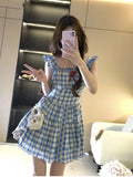 KYLTHOMASW  -  Sweet Hot Girl Pure Sexy Strap Dress Women's Summer Retro Plaid Slim Fit A-line Short Dress Fashion Female Clothes