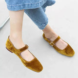 KYLETHOMASW  -  Designer Women Velvet Mary Janes Belt Strap Shoes Ladies Square Toe Flats Ballerina Dress Barefoot Loafers Brides Ballets Femmes