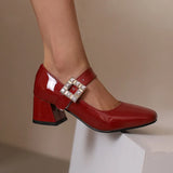 KYLETHOMASW  -  Plus Size 48 Women Patent Leather Mary Jane Shoes Sparkly Crystal Rhinestone Burgundy White Block Heel Pumps Party Shoe