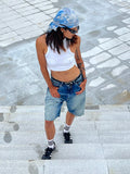 KYLETHOMASW  -  Blank Patched Women Jeans Jorts Do Old Whiskers Wide Leg High Waist Denim Short Pants Vintage Y2k Korean Streetwear