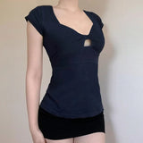 KYLETHOMASW  -  Chest Hollow Out Top Elegant Slim-fitting Short Sleeve T-shirt Summer Chic Basic Square Collar Tops Retro Streetwear