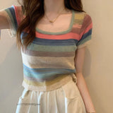 Kylethomasw Striped Top Square Neck Women Korean Style Knitted Short Sleeve T-shirt Cotton Summer Luxury Design Y2k Tops Tshirt for Y2k Girl