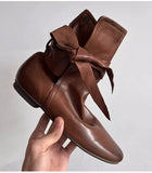 KYLETHOMASW  -  Autumn Winter Soft Leather Lace-up Women Ankle Boots Comfortable Flats Short Booties Fashion Bowknot Chelsea Boots Shoes Botas