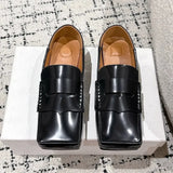 KYLETHOMASW  -  Fashion Square Toe Patent Leather Women's Loafers Comfortable Flat Mules for Women Retro Low Square Heel Black Women's Shoes