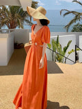 KIylethomasw Women Orange V Neck Waist High Hollow Out Pleated Dress Summer Fashion Vintage Short Sleeves Chic Elegant Long Dresses
