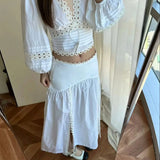 KYLETHOMASW  -  Summer White Lace Slit Skirt French Elegant Folds Long Skirt Balletcore Y2k High Waist Loose a-Line Skirt Mujer Faldas 514A