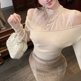 Kylethomasw Spring New Korean Strapless Lace Splicing Casual Long-sleeved T-shirt Women + Pleated Sexy Fishtail Skirt Two-piece Suit