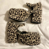KYLETHOMASW  -  Leopard Print Chunky Block Heel Faux Fur Platform Heels Round Toe Ankle Strap Detail Playful Edgy Cute Footwear for Party Looks