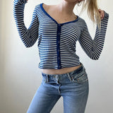 KYLETHOMASW  -  European and American women's basic contrasting striped V-neck slimming button up cardigan simple and versatile commuting  top