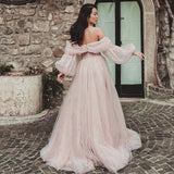 Kylethomasw Eeqasn Pink Shiny Tulle Prom Dresses Off The Shoulder Long Puff Sleeve Evening Party Gowns Slit Women Arabia Wedding Dress