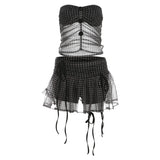 KYLETHOMASW  -  Plaid Strapless Perspective Mesh Crop Tops Black Sexy Girl A-line Mini Skirt Chic Two Piece Sets Womens Outifits Summer