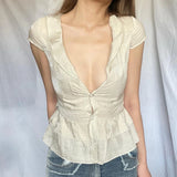 KYLETHOMASW  -  Peter Pan Collar Tiered A-line Blouse Sweet Slimming Back Tie-up Bow Shirts Chic Fashion Short Sleeve Top Ladies Summer