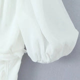 KYLETHOMASW  -  Sweet White Embroidery Hollow Out Hole Splice Lace Elastic U Collar Short Sleeve Shirt Women Center Buttons Slim Crop Tops