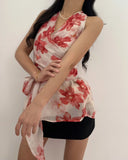 KYLETHOMASW  -  2025 Korean Floral Print Neck Hanging Chiffon Floral Shirt Women Summer New Retro Western-style Cross Tie Vest Top