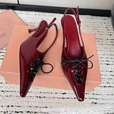 KYLETHOMASW  -   Designer High Heels Women Pointed Lace-up Slingback Sandals Female Patent Leather Stiletto Heels Bow Low Heel Muller Pumps Women