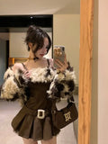 KYLETHOMASW  -  Autumn and Winter New Imitation Fur Leopard Pattern Fur Coat Waist Slimming Coffee Color Slip Dress Two Piece Set Women Outfits