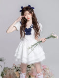 KYLETHOMASW  - Navy Neck Super Fairy Puffy dress Women Summer Pure Desire Lace Princess Dress Bubble Sleeve Slimming Cake Dresses