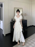 KYLETHOMASW  -  White V-neck Lace Up Short Sleeved Dress Women Summer New Lotus Leaf Edge Waist Cinching Slim Temperament Long Dresses