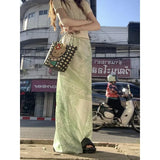 KYLETHOMASW  -  American Floral Print Casual Green A-line Skirt Women 2025 Summer New High Waist Fashion All Match Patchwork Mid-length Skirt