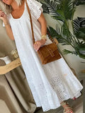 KYLETHOMASW  -  Women's Casual White Swing Party Dresses YK2 Ladies Elegant O-neck Hollow Long Dress Vestidos Summer Loose Short Sleeve Dress