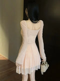 KYLETHOMASW  -  Woman Dress Sweet Sexy Flowers Long Sleeve Elegant Slim Mesh Patchwork Ruched Ruffles Party Mini Dresses Ladies