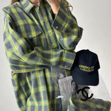Kylethomasw Summer Women Oversized Plaid Shirt Vintage Long Sleeve Loose Fit Blouse Autumn Female Office Fashion Shirt Tops For Woman