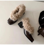 KYLETHOMASW  -  Ins style Fashion Square toe Patent Leather Wool Women Pumps Autumn Winter Warm High heels Loafers Casual Girls Chunky Shoes