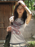 Kylethomasw Y2k Snake Print T-shirts for Women Vintage White Short Sleeve Graphic Tee 2000s High Street Summer Slim Tops Alt Clothes