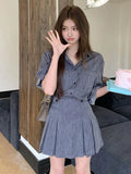 Kylethomasw Women Fashion Solid Pleated 2 Piece Suit Korean Casual Single-Breasted Shirt A-Line Mini Skirt Set Female Summer Outfits Clothes