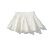 KYLETHOMASW  -  Holiday Front Cross Lacing up Bandage Bow Zipper Waist Mini Skirt Women White Spliced Lace Hem Ruched Swing A-lined Skirts Black
