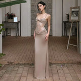 KYLETHOMASW  -  Spaghetti Strap Slim Lace Patchwork Sheer Holiday Party Dresses for Women Summer Khaki Sheath Slim Fit Streetwear Vestido