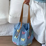 KYLETHOMASW  -  Cute Hollow Out Butterfly Knitting Bag Beach Handbag Tote Bag Beach Bag Large Capacity Bohemian Style Hollow Shoulder Bag Travel