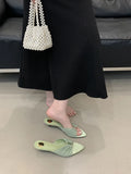 KYLETHOMASW  -  Sexy Pleated Silk Hollow Out Metal Buckle Women Slippers Sandal Summer Pointed Toe Low Thin Heels Beach Party Female Shoes