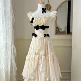 KYLETHOMASW  -  Summer New Korean Style Waist Cinched Slimming Fairy Cake Dress Bow Sweet Flying Sleeve A-line Long Dresses for Women