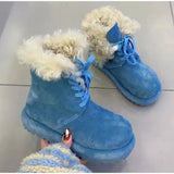 KYLETHOMASW  -  Women Blue Platform Snow Boots Faux Suede Curly Fur Lined Winter Lace Up Ankle Boots Thick Sole Warm Non Slip Fashion Boots