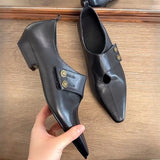 KYLETHOMASW  -  Designer Low Heel Loafers Women Retro Pointed Toe Fashion British Style Small Leather Shoes Elegant Brand Mary Jane Shoes Women