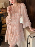 KYLETHOMASW  -  Floral Vintage Elegant Dress Women Causal Evening Beach Party Mini Dresses Female 2025 Summer Long Sleeve Two Piece Dress Korean